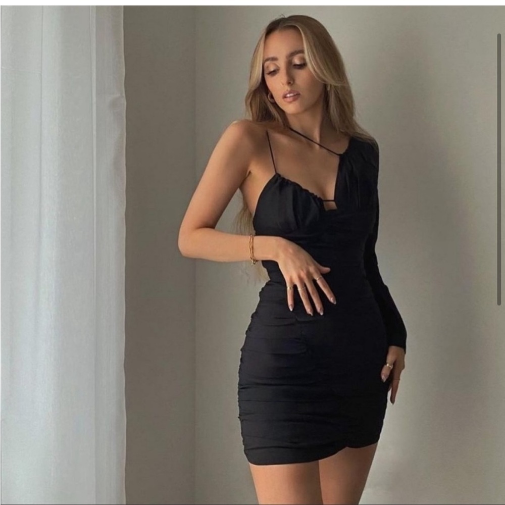Zara Assymetric Neckline Black Draped Mini Dress XS-Small